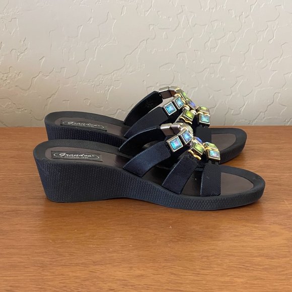 Grandco Sandals 6 Black Blue Green Crystals 3 Strap Slide Wedge - Picture 7 of 11